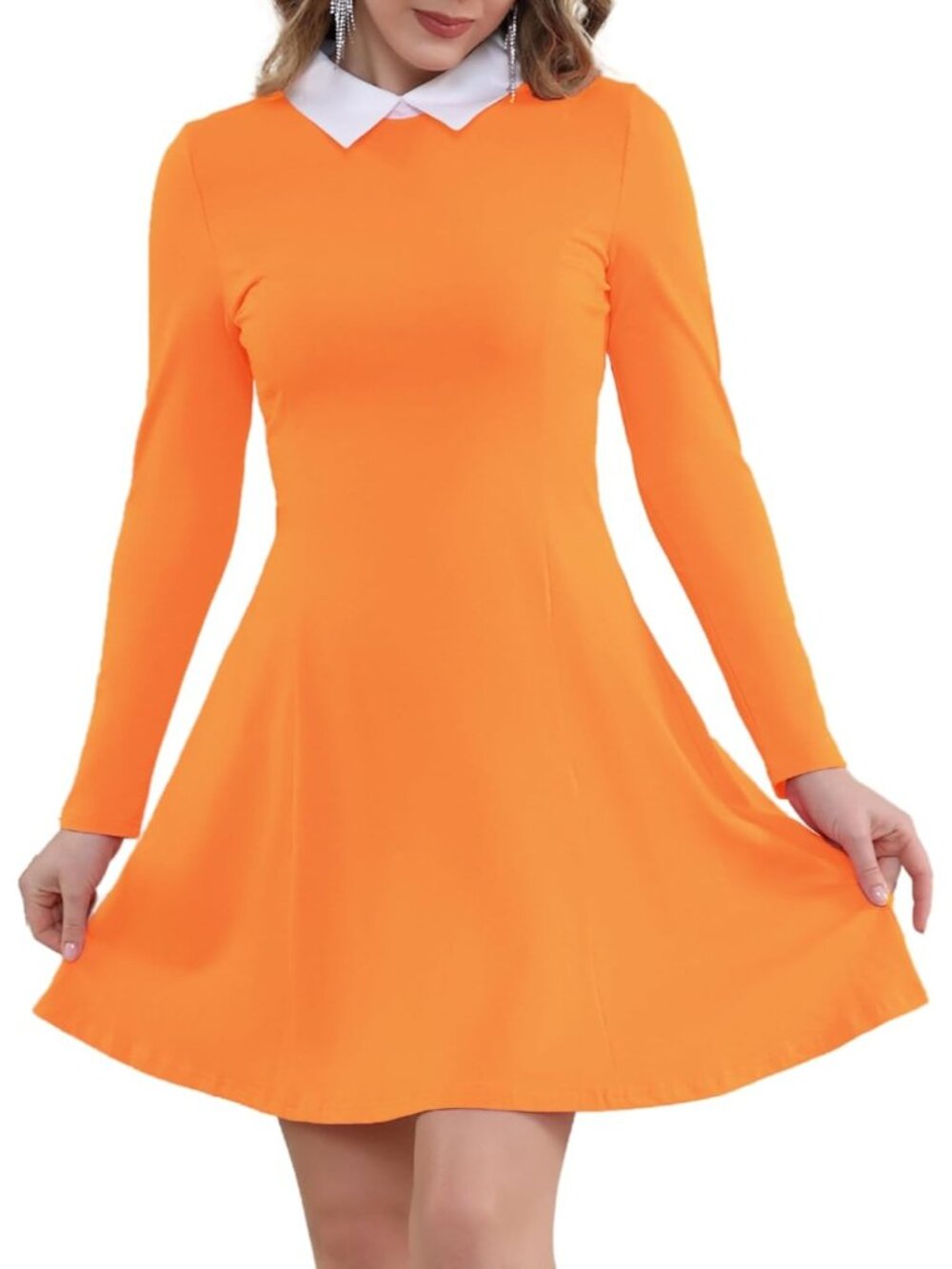 Women's Orange Long Sleeve Peter Pan Collar A Line Fit & Flare Skater Goth Dress